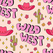 Seamless pattern with pink cowboy hats, cactuses and groovy lettering wild west. Vector background in retro style