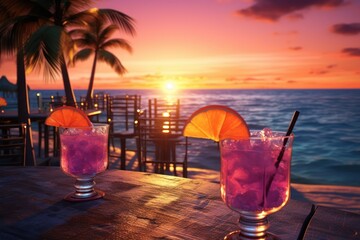 Two glasses of purple drink sitting on a wooden table. Perfect for showcasing refreshing beverages or elegant dining setups.