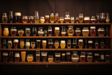 Poster - A variety of different types of beer displayed on a shelf. Suitable for use in advertisements, bar menus, or brewery promotions.