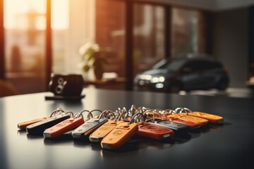 Poster - A row of keys sitting on top of a table. Suitable for concepts related to security, home, and organization.
