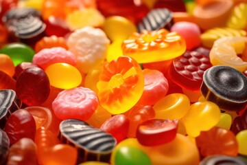 Aufkleber - A close up shot of a pile of gummy bears. Perfect for confectionery advertisements or sweet treat-themed designs.