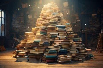 Poster - A pile of books sitting on top of a wooden floor. This image can be used to represent education, knowledge, reading, or a cozy reading nook.