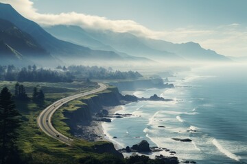 Poster - A breathtaking view of the ocean and majestic mountains. Perfect for travel brochures or nature-themed designs.