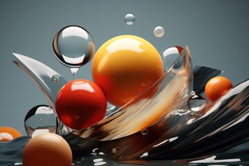 Poster - A group of spheres floating on top of a body of water. This image can be used to represent concepts such as relaxation, meditation, tranquility, and abstract art.