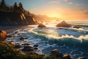 Poster - A beautiful sunset over the ocean with rocks in the foreground. Perfect for beach and nature-themed designs.