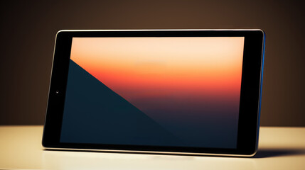 Wall Mural - A tablet computer sitting on a table with a sunset in the background, AI