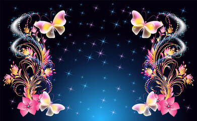 Wall Mural - Fairytale night sky with magical butterflies and floral golden ornament and stars. Fantasy sparkle background.