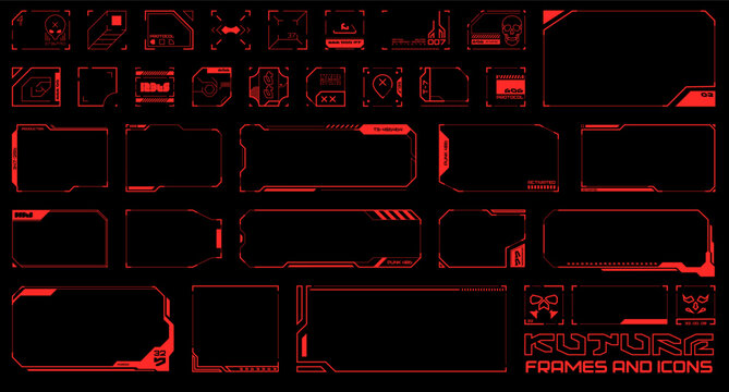 Cyberpunk Frames and icons isolated on black background, vector mockup for futuristic works