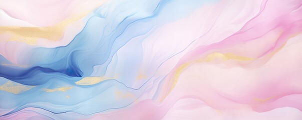 Wall Mural - Abstract watercolor paint background illustration web design - Soft blue pink pastel color waves and gold lines, with liquid fluid marbled paper texture banner texture | Generative AI