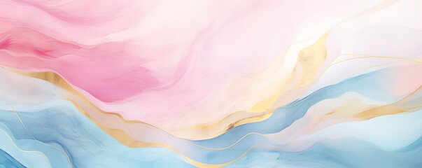 Wall Mural - Abstract watercolor paint background illustration web design - Soft blue pink pastel color waves and gold lines, with liquid fluid marbled paper texture banner texture | Generative AI