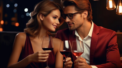 Sticker - Young woman and bearded man clinking glasses with red wine during celebration in luxury restaurant.