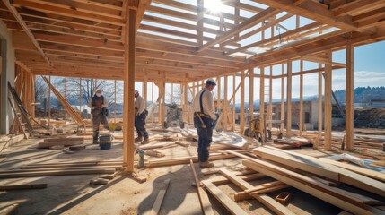 Poster - Builder Working On Wooden House, Construction workers in building site.