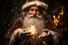 AI generated illustration of content Santa Claus with burning sparkles in hands looking at camera on dark background