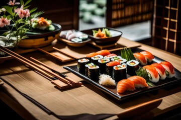 Wall Mural - sushi on a plate, Sushi, Menu, Restaurant image A tranquil sushi restaurant nestled in a serene garden, offering an escape from the hustle and bustle of the city.