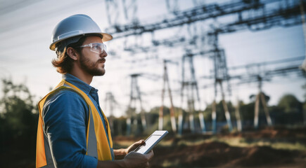 Aufkleber - Electrician engineer checking substation power.
