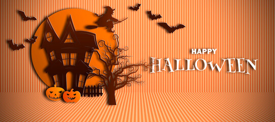 Halloween theme banner with group of Jack O Lantern pumpkin and paper graphic style of castle on background.