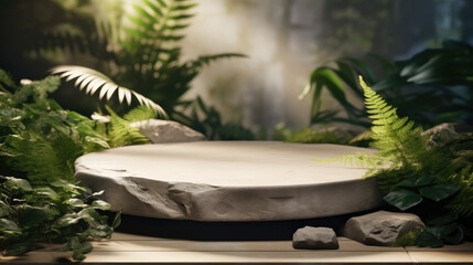 Aufkleber - Natural stone and concrete podium in tropical forest, Empty showcase for packaging product presentation.