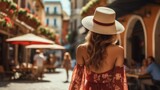 Fototapeta Uliczki - Woman in a sun hat walking on European city street, Travel concept, Backside view.