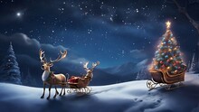 Illustration Of A Festive Reindeer Pulling A Sleigh Filled With A Christmas Tree In A Snowy Christmas Scene, Christmas Background, Created With Generative AI Technology
