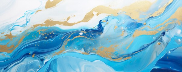 Wall Mural - Abstract marble marbled ink painted painting texture luxury background banner - Blue waves swirls gold painted splashe | Generative AI