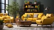 Cozy interior design of a modern living room with a yellow sofa and armchair