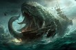 A gigantic sea monster attacking and sinking a ship in the depths. Imaginary creatures showcase. Generative AI