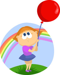 Poster - Girl with a red balloon, illustration, vector on a white background.