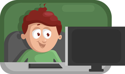 Sticker - Boy in green shirt with laptop, illustration, vector on a white background.