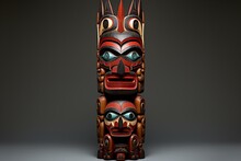 Carved Wooden Totem Pole From Alaska, With Intricate Designs And Symbols. Generative AI