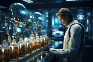 Poster - A robot conducting experiments in a high-tech laboratory. Generative Ai.