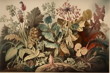 An Aged Floral Lithograph Showcasing Various Plants From The Late 19th To Early 20th Century. Generative AI