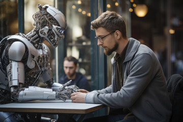 Poster - Engineers testing a humanoid robot's ability to interact with humans. Generative Ai.