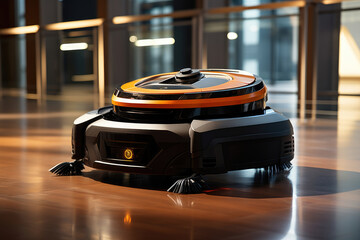 Sticker - A robotic vacuum cleaner autonomously cleaning a large office space. Generative Ai.