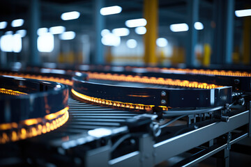 Poster - automated conveyor belts transporting goods in a distribution center. generative ai.