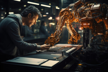 Poster - Engineers programming a robotic arm for a specific manufacturing task. Generative Ai.