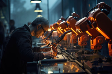Poster - precision robotic arms assembling electronic components on a factory line. generative ai.