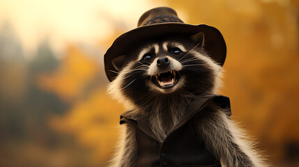 Sticker - Funny raccoon cowboy wild west character wearing brown leather vest and hat. Generative AI