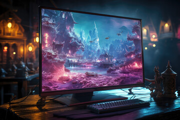 Poster - a close-up of a computer monitor displaying a vibrant gaming world. generative ai.