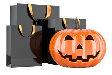 Wall Mural - Halloween pumpkin with black  shopping bags. Halloween Sale concept, 3D rendering isolated on transparent background