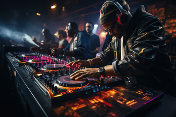 Poster - a dj spinning records at a nightclub, capturing the essence of electronic music culture. generative 