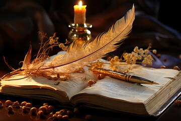 Fototapete - A philosopher's quill pen poised above a blank scroll, ready to articulate profound thoughts and questions. Generative Ai.