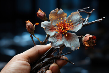 Wall Mural - A person's hand holding a fading flower, symbolizing the transience of beauty and the inevitability of decay. Concept of aesthetics and impermanence. Generative Ai.