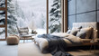 © Rosaria - 3d rendering of a modern bedroom in winter with snow covered trees. Ai generative.