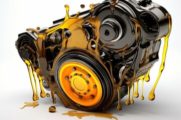 Wall Mural - Detailed 3D illustration of automobile engine with oil splashes on a white background. Illustrates the concept of engine oil. Generative AI