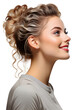 Profile side view portrait of attractive cheerful woman isolated 