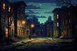 Nighttime street with rundown buildings and glowing windows. Cartoon illustration of abandoned homes, streetlamps, and a car. Generative AI