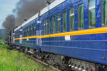 Retro steam train moves along the forest.