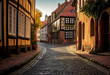 Eine bezaubernde, kopfsteingepflasterte Straße in einer fiktiven, historischen europäischen Stadt