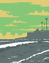 WPA Poster Art Of Surf Beach At Cardiff Reef On The Coast Highway In Cardiff By The Sea In Encinitas, San Diego County, California, United States USA Done In Works Project Administration.

