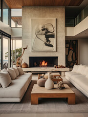 neutral eclectic boho minimalist modern living room with fireplace ocean view windows